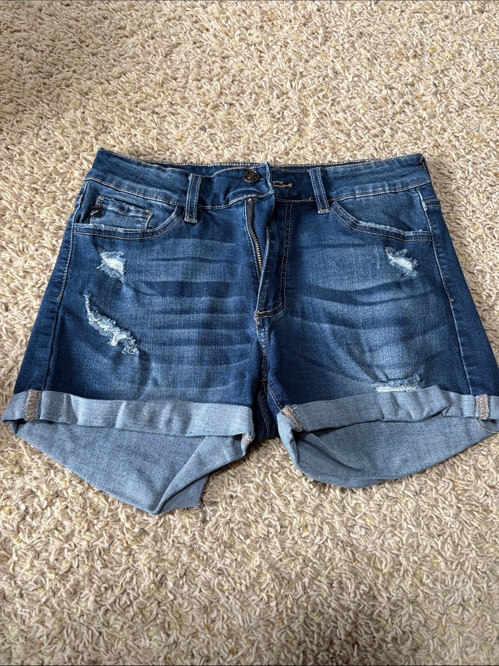 KanCan Dark Blue Rolled Cuff Distressed Denim Shorts